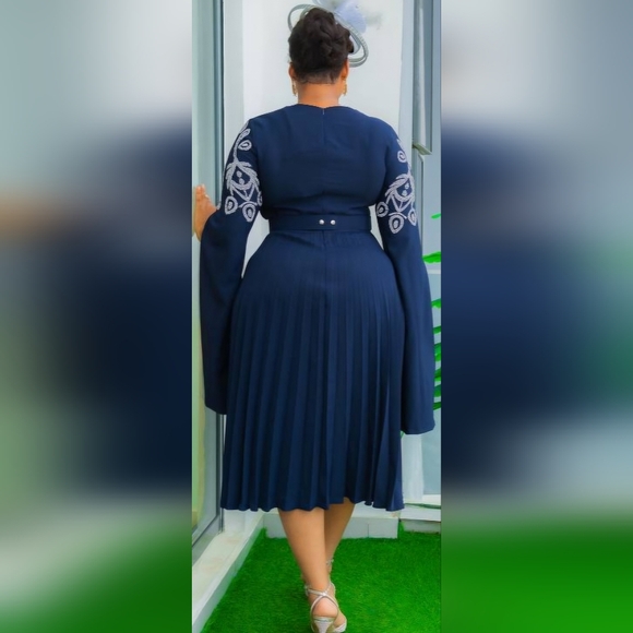 NWT GORGEOUS NAVY PLEATED DRESS WITH SILVER STONES - Picture 3 of 3